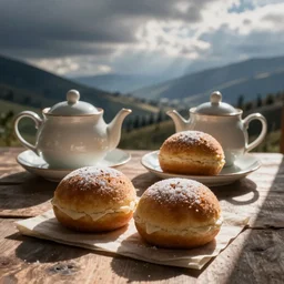 stock photograph of crumpets next to a tea set