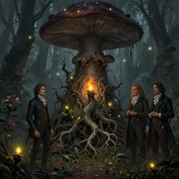 a beautiful digital illustration painting of a detailed gothic fantasy fireflies and roots, dark mushroom, flowers ruins in the rain by benoit b. mandelbrot, steven belledin, martin johnson heade, lee madgwick, caspar david friedrich, and david rios ferreira. 8 k resolution trending on artstation concept art digital illustration