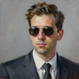 a painting of a man wearing sunglasses and a suit, an ultrafine detailed painting by Anthony Palumbo, featured on behance, neo-figurative, ilya kuvshinov, oil on canvas, detailed painting
