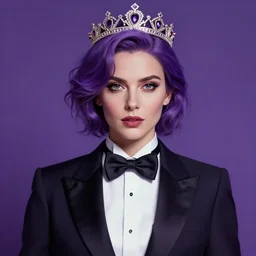an elegant woman wearing a crown and a bow tie, purple hair, wearing a tuxedo, purple background, very beautiful, artstation, high quality, sharp, hyperrealistic, dramatic lighting, loose brush strokes, by greg rutkowski, by artgerm, by alphonse mucha
