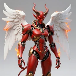 mechanical steampunk cyborg devil red skin satan horns with white! angel wings flames and fire photography by david yarrow concept art greg rutkowski
