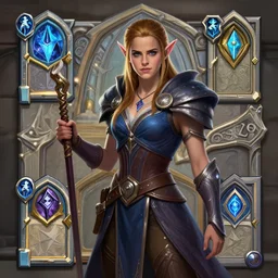 Emma Watson as a Warcraft night elf wizard, Hearthstone key art, Blizzard concept art by Dave Greco