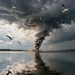 a tornado!! made of seagulls, windy, cloudy, realistic reflections, cinematic lighting