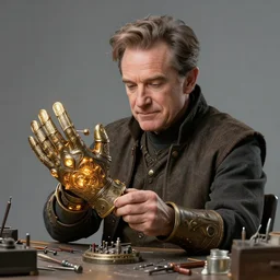 an ultradetailed portrait of robin williams dressed as an artificer, tinkering with a magic power glove, tiny tools in a workshop, d & d, fantasy, intricate, elegant, highly detailed, digital painting, matte, sharp focus, illustration, art by john collier and albert aublet and krenz cushart and artem demura and alphonse mucha