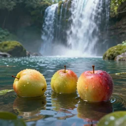 close up of a few low hanging fruits over a pond, waterfalls, by james gurney, low angle shot, concept art, intricate, hyper detailed, volumetric lighting, sharp focus, octane render, trending on artstation, 8 k