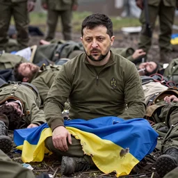 Volodymyr Zelensky at war,  dressed like  Napoleon Bonaparte,  sitting on the ground between dead corpses and weeping, holding a half burnt blue and yellow flag of Ukraine, sharp focus,  in the style of Peter Paul Rubens