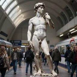 the statue david from michelangelo standing in a london subway with many commuters