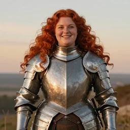 Symmetrical knight of symmetry. Overweight red-haired woman with long curly symmetrical red hair. Plate armor. Cheerful. Art by William-Adolphe Bouguereau. During golden hour. Extremely detailed. Beautiful. 4K. Award winning.