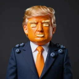 edible donald trump made of oranges for hair, butter and breadsticks for the face, blueberries for the suit, from the beautiful'food art collection ', dslr