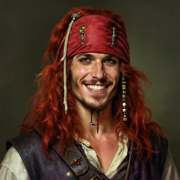 portrait of a young ruggedly handsome but joyful pirate, male, masculine, upper body, red hair, long hair, d & d, fantasy, perfect teeth, intricate, elegant, highly detailed, digital painting, artstation, concept art, matte, sharp focus, illustration, art by artgerm and greg rutkowski and alphonse mucha