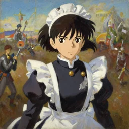 baroque oil painting of anime key visual concept art of close - up of anime maid soldier on the battlefield, trending on artstation, palette knife and brush strokes, oil on canvas, style of makoto shinkai greg rutkowski studio ghibli genshin impact