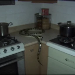 a snake in a stalinist style kitchen, by mini dv camera, very very low quality, heavy grain, very blurry, accidental flash, webcam footage, found footage, security cam, caught on trail cam