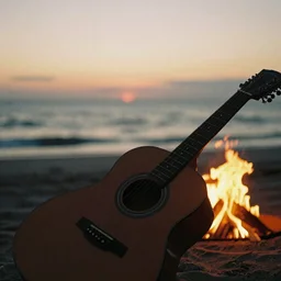 kodak portra 400 photo of an acoustic guitar on the beach at sunset with a fire