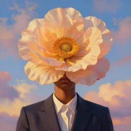 closeup, giant flower as head, a black woman in suit, surreal photography, golden hour, colorful clouds, impressionist painting, digital painting, artstation, simon stalenhag
