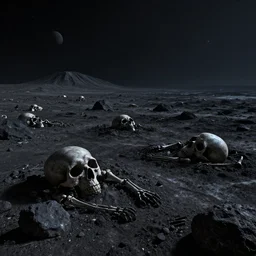 night at a desolate outer planet made of barren black rock with massive skeletons buried in the ground, [ cinematic, detailed, epic, widescreen, opening, establishing, mattepainting, photorealistic, realistic textures, octane render, art by paul lehr