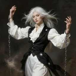 briareus with light white hair and a white shirt with black vest, windy, chains on hands, stars, stoic, japanese, modern maximalist fashion dress, is ( ( with arms half lifted toward us ) ). light dust, magnificent, hyperdetailed, theatrical, painted by jean honore fragonard and greg rutkowski