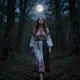 beautiful woman with her eyes closed, walking in the forest twilight. full moon. folk horror