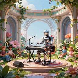 a wired up cybernetic synthesizer on a overgrown center stage, which its highest goal is to induce the utmost state of happiness to its people by creating and playing music in the year 3 0 0 0, blissful, unreal, 4 k, hyperrealistic, refraction, bryce 3 d, architecture, by victor henrich, art nouveau, ultrawide, bloom filter, lush, harmony, solarpunk