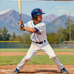 a closeup photorealistic photograph of bob ross style kenny powers playing baseball, a painting on a canvas. mountains and trees. film still. brightly lit scene. this 4 k hd image is trending on artstation, featured on behance, well - rendered, extra crisp, features intricate detail, epic composition and the style of unreal engine.