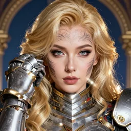 studio portrait of lawful good colorful female holy mecha paladin absurdly beautiful, elegant, mature blonde gravure idol, ultrafine hyperrealistic detailed face illustration by kim jung gi, highly detailed faces, intricate linework, detailed faces, bright colors, matte, octopath traveler, unreal engine 5 highly rendered, global illumination, radiant light, intricate environment