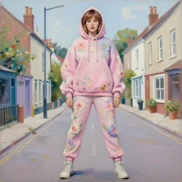 barbara palvin wearing a hoodie standing in a township street in the style of martine johanna, street clothing, haute couture! fashion!, full figure painting by andrei riabovitchev, tara mcpherson, david choe, decorative flowers, detailed painterly impasto brushwork, pastel color palette, die antwoord