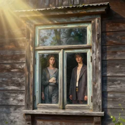 3 d, close - up, old wood house window, two fashion models, morning, sun rays, forest, poster art, intricate oil painting, high detail, figurative art, multiple exposure, poster art, 3 d, by stanley kubrick and tooth wu and wlop and beeple and greg rutkowski