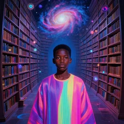 an 8 k resolution matte painting of a black boy wearing neon robes inside a vast and endless four dimensional magic library of spells full of glowing orbs at the end of the galaxy, detailed face, timbuktu, in a symbolic and meaningful style, by m. c. escher and greg rutkowski and evgeni gordiets, artgerm, radiant lighting, concept art, retrowave