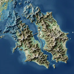 a height map of an island surrounded by a large island with mountains colored blue, and a bridge connecting the 2 islands, topographic