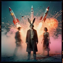 kodak portra 4 0 0, wetplate, teal and orange and pink colours, explosions, rockets, krampus, bunny head, the walking dead, 1 9 1 0 s style, motion blur, portrait photo of a backdrop, bombs, sparkling, fog, by georges melies and by britt marling