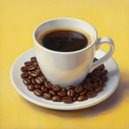 a mug of coffee, on a plate filled with coffee beans, on a yellow background, oil painting, hyperrealistic