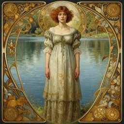 full body portrait of a woman with short wavy hair, round face, cottagecore!!, lake water, intricate, enlightenment, highly detailed, digital painting, artstation, concept art, smooth, sharp focus, illustration, art by artgerm and greg rutkowski and alphonse mucha