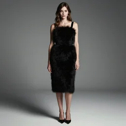 full body aesthetic photograph of a beautiful young woman in a furry black cocktail dress by Nick Knight and Lina Tesch, realistic, photorealistic, HD, 4k resolution