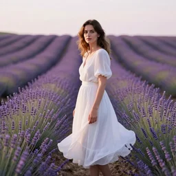 A photo of a French woman, mid-20s, wearing a white flowing dress, in a lavender field in France, 85mm, 1.2, Kodak Portra, trending on Instagram