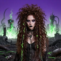highly detailed portrait of a lonely wasteland punk long dripping curly brown nuclear hair tribal lady, stray green slime hoses by atey ghailan, james gilleard, by joe fenton, by greg rutkowski, by greg tocchini, by kaethe butcher, 4 k resolution, gradient purple, brown black and white color scheme!!! ( ( green flaming robotic sewer background ) )
