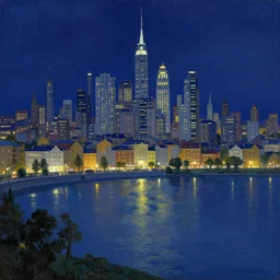a painting of a city by the water at night, a detailed matte painting by Thomas Kinkade, deviantart, fantasy art, matte painting, matte drawing, cityscape