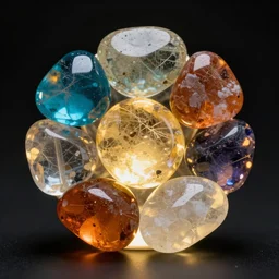 highly detailed realistic photo of medium size mix colored transparent stones glowing from behind in dark black background, vibrant colors, award winning masterpiece photography, hyper realistic, concept art, 8 k detail post - processing