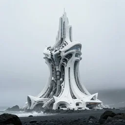 surreal romantic mecha covenant deformation tower, futuristic berserk white architecture in the beach in iceland, foggy, highly detailed, digital painting, arstation, concept art, hyperealistic octane render, unreal engine,