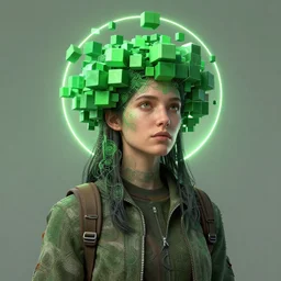 fantasy portrait of a female traveler with a halo of green cubes, intricate, abstract, concept art, sci - fi, octane render, greg rutkowski, beeple, wlop, artstation, dan mumford