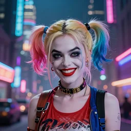 film still of harley quinn, head and shoulder shot, cyberpunk city, beautiful cityscape background, neon signs, vibrant colors, wallpaper, top rated on artstation, 4k,