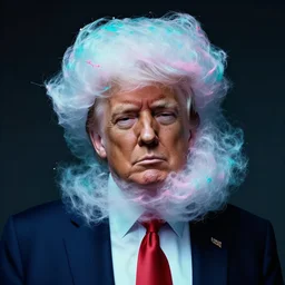 dramatic lighting photo of a beautiful donald trump with cotton candy hair. paint splashes. moody and melancholy. with a little bit of cyan and pink
