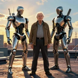 cyberpunk buff old man stand-off with Deadcode humanoid robot on a rooftop by Roger Deakins