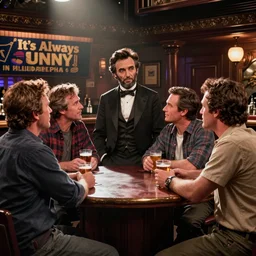 The It's Always Sunny in Philadelphia episode where the gang meets Abe Lincoln Dee is there with Mac and so is Dennis they are at the bar, photo realistic, studio lighting