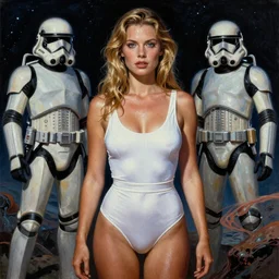 A mixed media painting of a very beautiful light-brown-hair / blonde woman on an alien planet, sweat, aesthetic symmetrical face and eyes, piercing gaze, photorealistic, model, wet, white high waisted swimsuit, starship-troopers, alien planet, eighties pinup style, by Frank Frazetta, Boris Vallejo, Beeple, Greg Rutkowski, Christian MacNevin, epic fantasy character art, full length, high fantasy, CGsociety, exquisite detail, post-processing, masterpiece, cinematic
