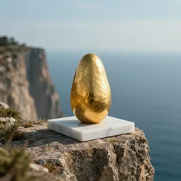 a solid gold turd on a white marble pedestal on the edge of a cliff cinematic shot