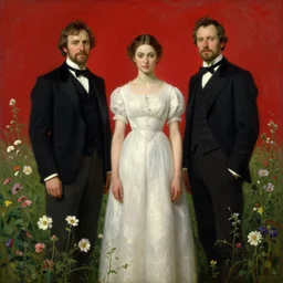 Solomon Joseph Solomon and Richard Schmid and Jeremy Lipking victorian genre painting portrait painting of an elegant slim young cottagecore girl in an open field of flowers, red background