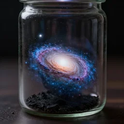 a tiny realistic proportioned milky way space contained inside a glass jar. sharp focus, photography, unreal engine, trending on artstation, photorealistic, octane, trending on deviantart, unreal engine