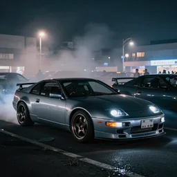 a car 300ZX turbo drift at illegal car meet, Chiba prefecture, city midnight mist lights, cinematic color, photorealistic, highly detailed wheels