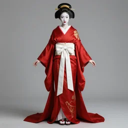 beautiful luxurious elf girl in the style of english colonization costume, japanese fashion of the 1 9 th century, modern, art deco, full length, front camera view, with japanese braided hair in a bun, white makeup, red lips, stylization, concept, red kimono dress with white bow at the waist, artstation, arcane netflix style, graceful, geisha, severe beauty, realistic, octane render