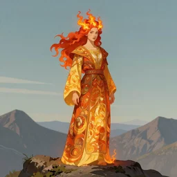 a beautiful fire wizard with fire red hair, freckles. wearing robes inspired by alphonse mucha, standing on a mountain top with epic clouds and volumetric lighting. intricate illustration and highly detailed digital painting. concept art by artgerm. inspired by brom art and larry elmore.