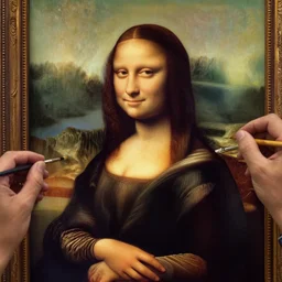 a extremely detailed portrait of the mona lisa holding a paintbrush and painting herself 4 k
